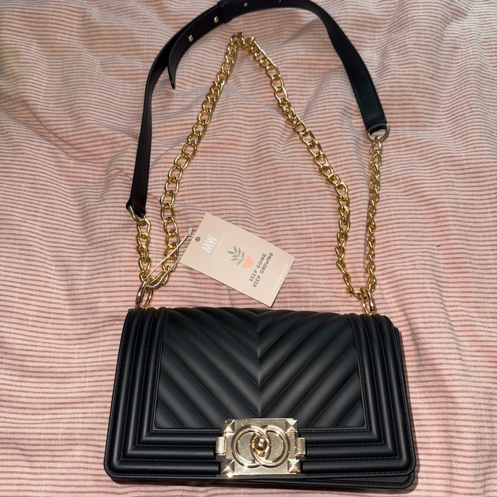 Black and Gold Quilted Crossbody Bag with Chain Strap